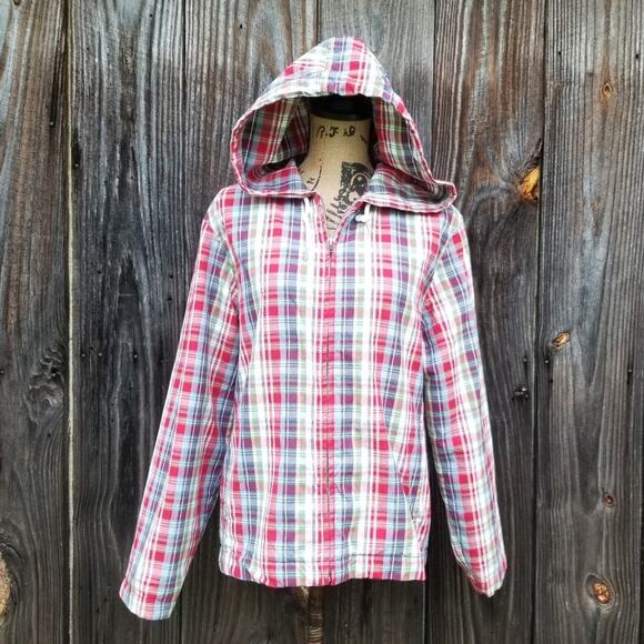 VTG Y2K Red Plaid Jacket Eddie Bauer Size M Hooded Zip Front Vintage 90s Med - Picture 10 of 10